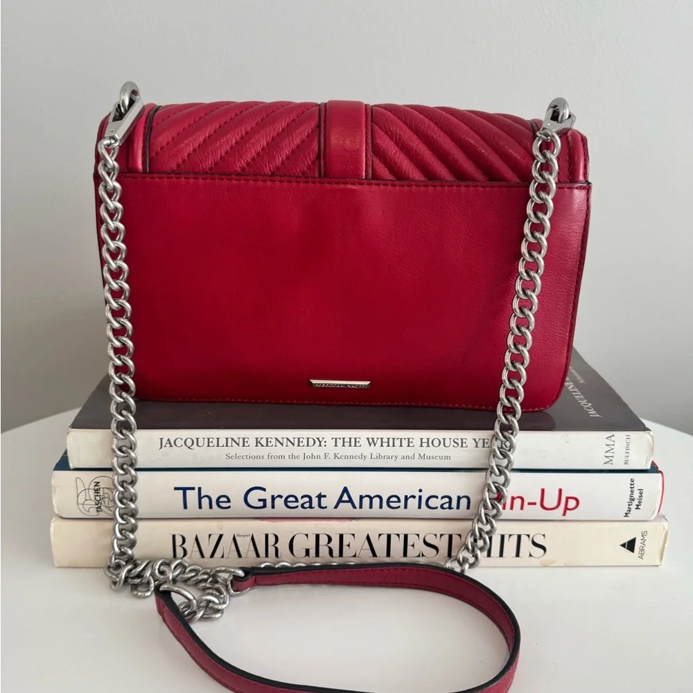 Rebecca Minkoff Leather Chevron Quilted Crossbody Flap Boy Bag Red Silver - Picture 3 of 12